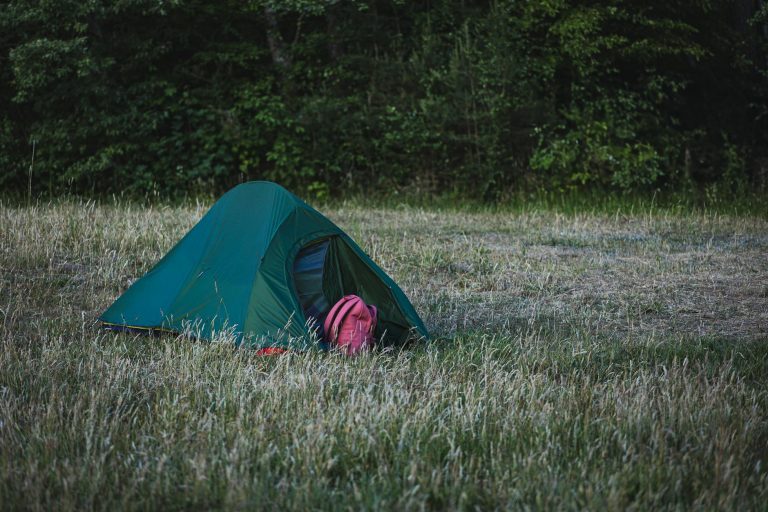 A tent is pitched in a field with grass